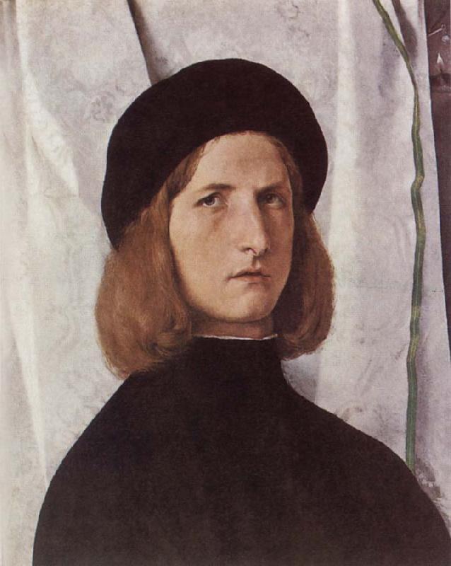 Lorenzo Lotto Portrat of a young man before a woman curtain oil painting image